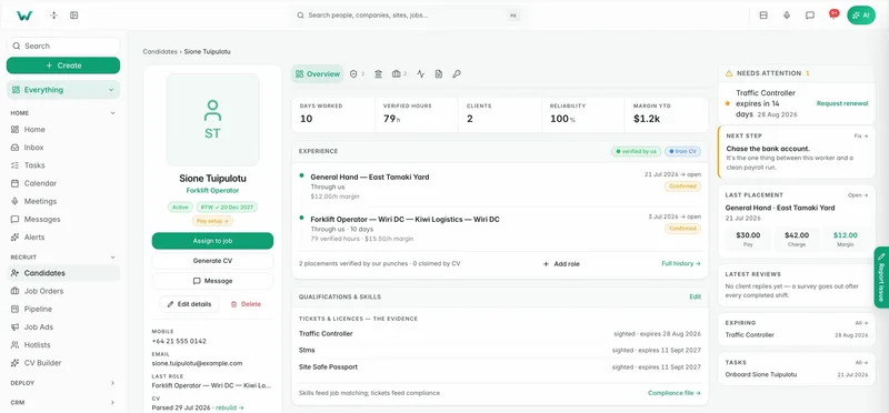 A Workhr candidate record: verified hours, margin, placements, tickets and what to do next
