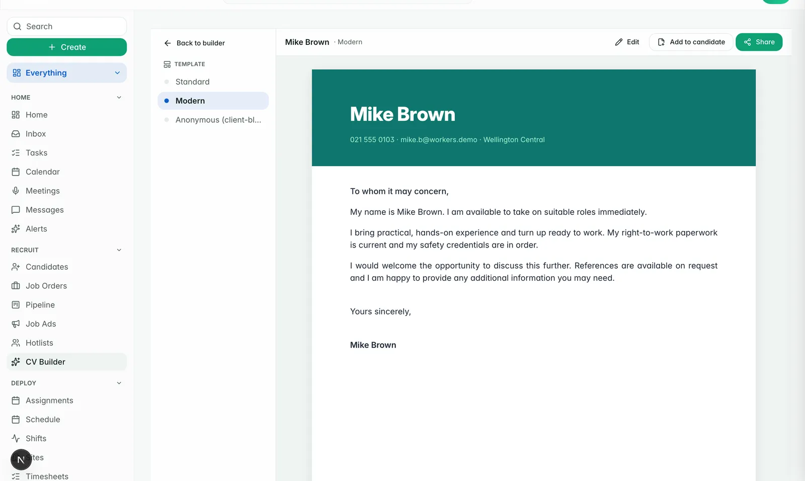 Workhr CV builder generating a branded CV and cover letter pack