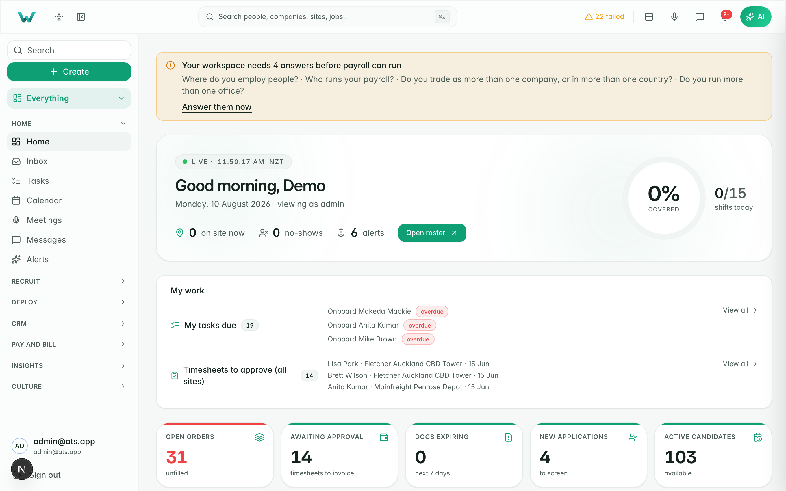 Workhr staff console — live demo