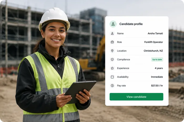 A candidate profile with role, location, compliance, availability and pay rate