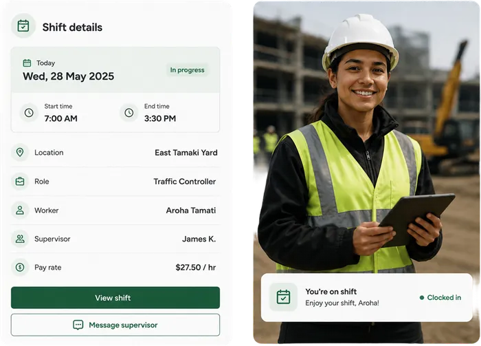 A confirmed shift with worker, site, role, time and supervisor details